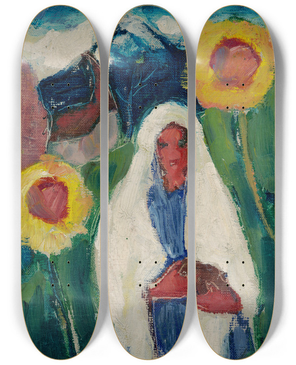 Triptych art skateboard deck of Zolo Palugyay Sketch Of A Woman Among Sunflowers by Zolo Palugyay (1898-1935)