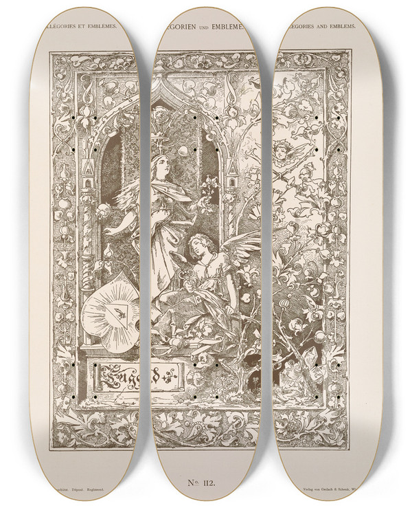 Triptych art skateboard deck of Albert Ilg Allegorien Und Embleme Vol I Pl131 by Albert Ilg (1847-1896)