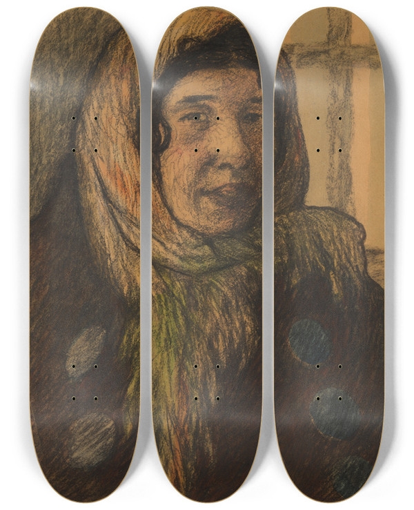 Triptych art skateboard deck of Helmer Osslund Head Of A Woman by Helmer Osslund (1866-1938)
