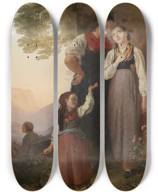 Triptych art skateboard deck of Ludwig Knaus Der Abschied by Ludwig Knaus (1829-1921)