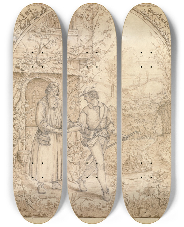 Triptych art skateboard deck of George Friedrich Kayser The Departure Of The Prodigal Son by George Friedrich Kayser (1819-1841)