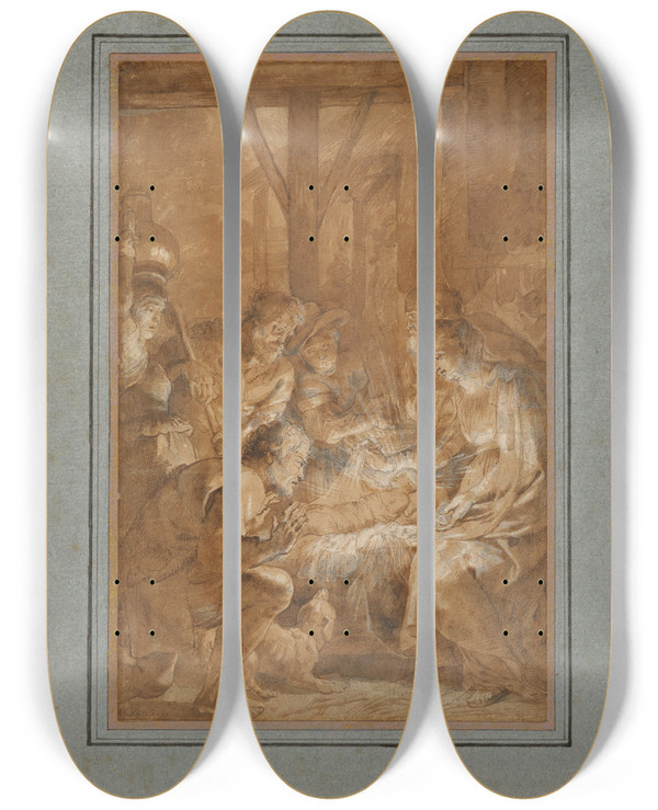 Triptych art skateboard deck of Peter Paul Rubens The Adoration Of The Shepherds_1 by Peter Paul Rubens (1577-1640)