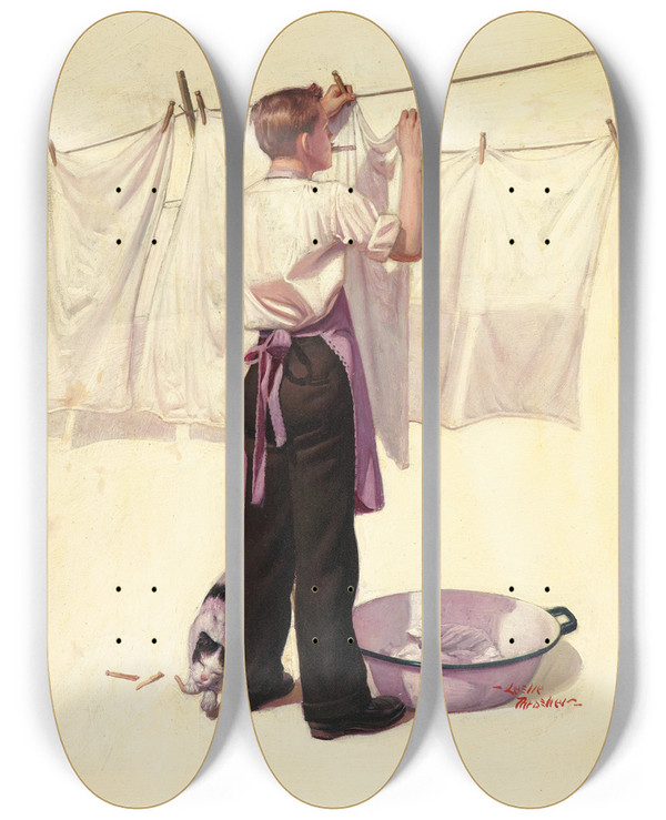 Triptych art skateboard deck of Leslie Thrasher Hanging The Laundry by Leslie Thrasher (1889-1936)