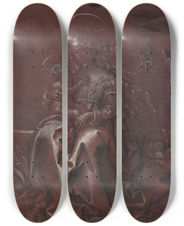 Triptych art skateboard deck of Hans Fries The Virgin And Child On A Grassy Bench by Hans Fries (1465-1523)