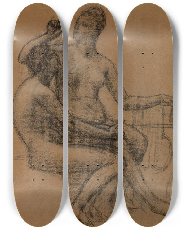Triptych art skateboard deck of Pierre Puvis De Chavannes Deux Femmes Nues Assises by Pierre Puvis De Chavannes (1824-1898)