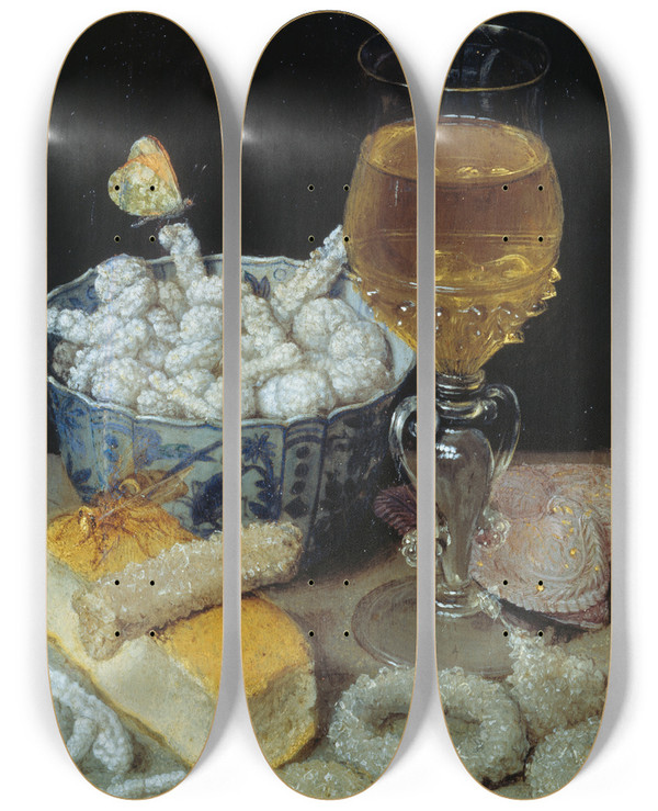 Triptych art skateboard deck of Georg Flegel Still Life With Bread And Sweetmeats by Georg Flegel (1566-1638)