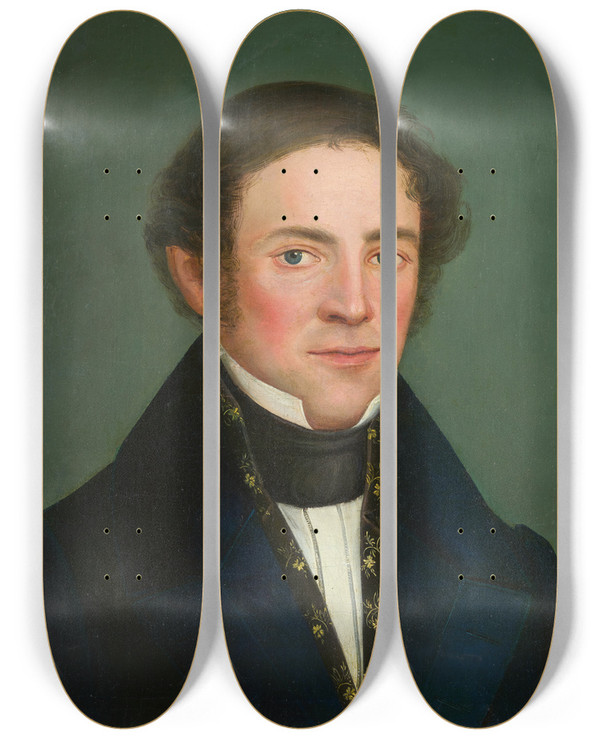 Triptych art skateboard deck of Lukas Kirner Portrait Of A Young Man With Whiskers by Lukas Kirner