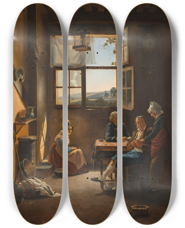Triptych art skateboard deck of Pierre Duval Le Camus Two Veterans Playing Piquet by Pierre Duval Le Camus (1790-1854)
