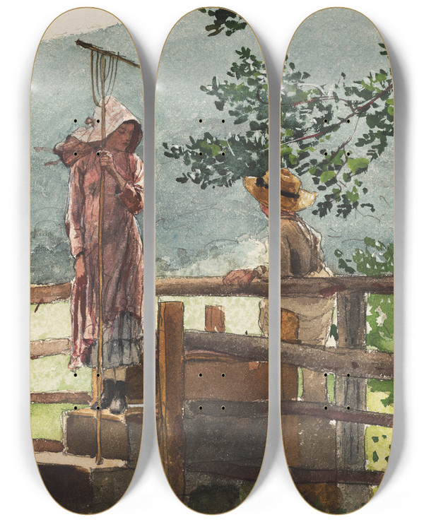 Triptych art skateboard deck of Winslow Homer Spring by Winslow Homer (1836-1910)