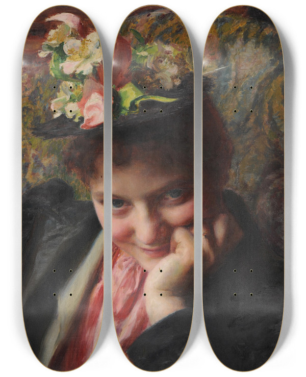 Triptych art skateboard deck of Mile Friant Le Chapeau Fleurs by mile Friant (1863-1932)