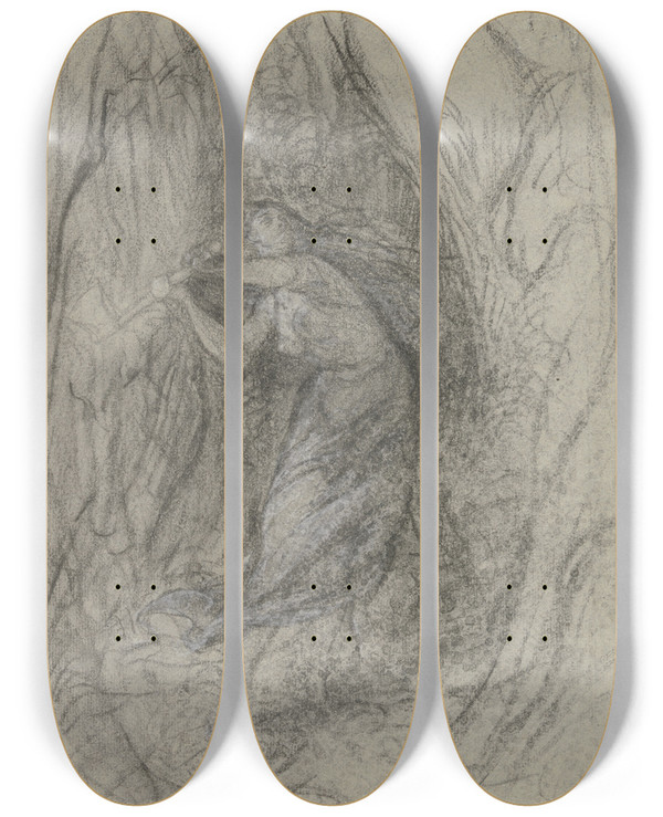 Triptych art skateboard deck of Victor Mller Eine Junge Frau Im Walde Eine Axt Schwingend by Victor Muller (1829-1871)