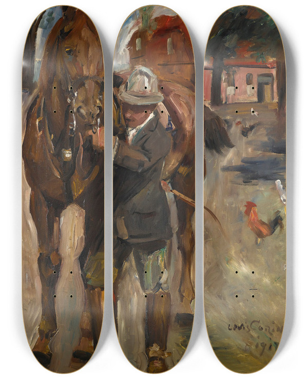 Triptych art skateboard deck of Lovis Corinth Setting Out For A Ride by Lovis Corinth (1858-1925)