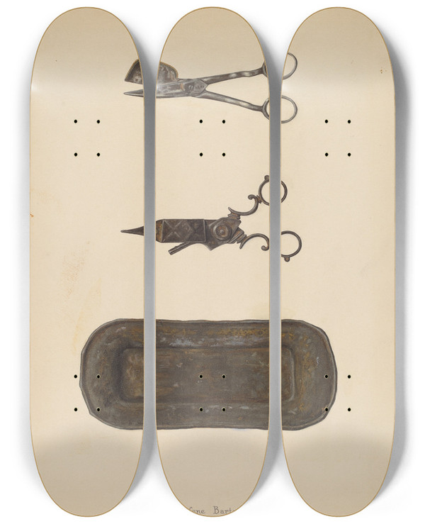 Triptych art skateboard deck of Eugene Bartz Candle Snuffer Trimmer Tray by Eugene Bartz