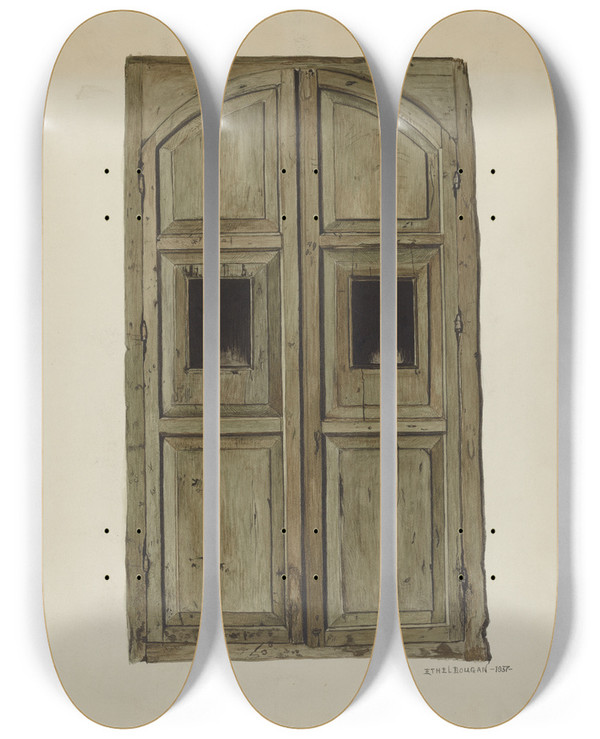 Triptych art skateboard deck of Ethel Dougan Doors To Confessional by Ethel Dougan