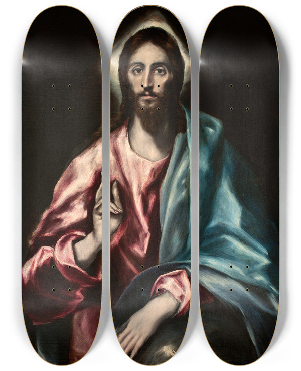 Triptych art skateboard deck of El Greco Domenikos Theotokopoulos Christ As Saviour by El Greco Domenikos Theotokopoulos (1540-1614)
