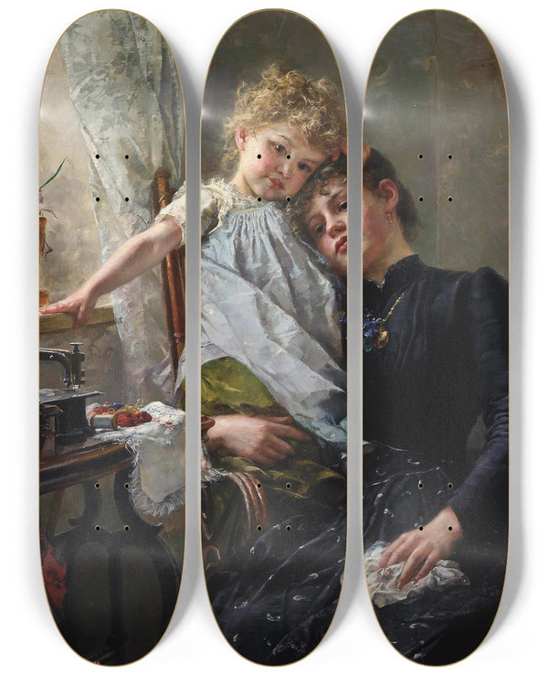 Triptych art skateboard deck of Paul Hermann Wagner The Little Seamstress by Paul Hermann Wagner (1852-1937)