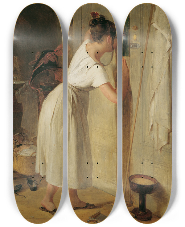 Triptych art skateboard deck of Peter Fendi Die Lauscherin by Peter Fendi (1796-1842)