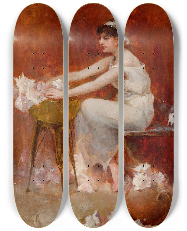 Triptych art skateboard deck of Emil Carlsen Arranging Flowers by Emil Carlsen (1848-1932)