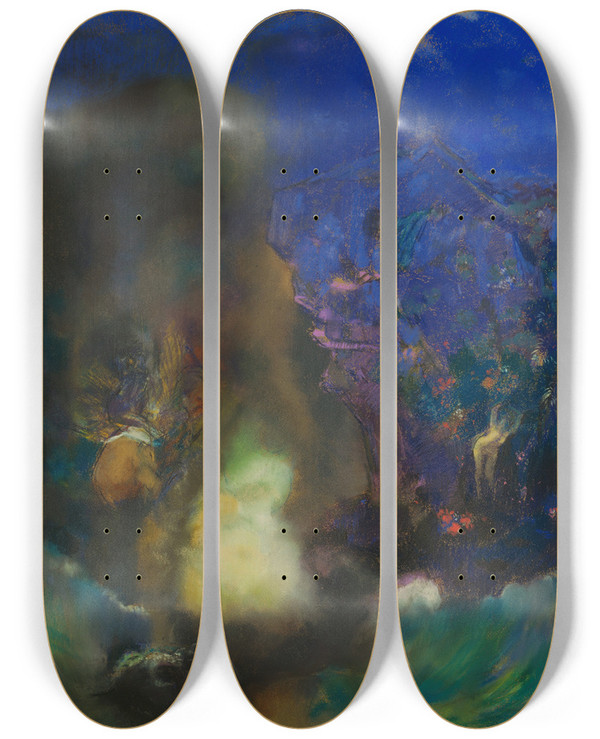 Triptych art skateboard deck of Odilon Redon Roger And Angelica by Odilon Redon (1840-1916)