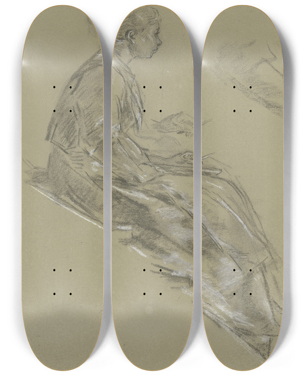Triptych art skateboard deck of Anton Burger Junge Knstlerin Mit Dem Skizzenbuch Nach Rechts Sitzend by Anton Burger (1824-1905)