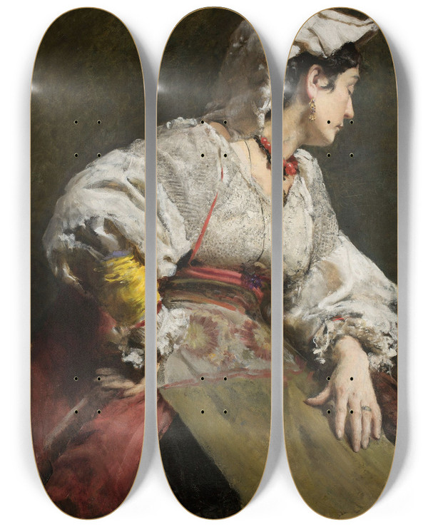 Triptych art skateboard deck of Leon Wyczkowski Study Of An Italian Woman by Leon Wyczolkowski (1852-1936)