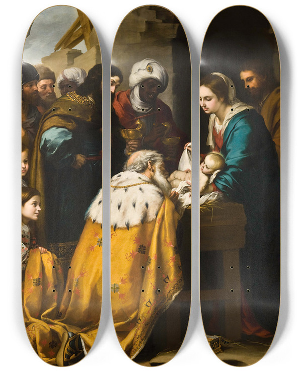 Triptych art skateboard deck of Bartolom Estebn Murillo Adoration Of The Magi by Bartolome Esteban Murillo (1617-1682)