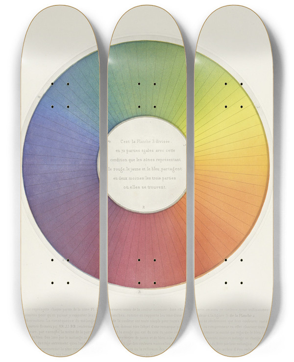 Triptych art skateboard deck of Michel Eugne Chevreul Des Couleurs Et De Leurs Applications Aux Arts Industriels A Laide Des Cercles Chromatiques Pl 04 by Michel Eugene Chevreul (1786-1889)