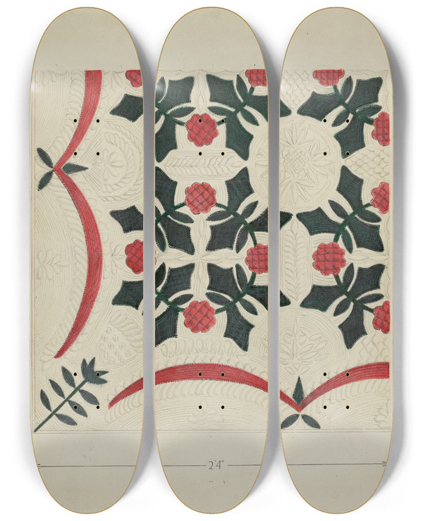 Triptych art skateboard deck of Ernest A Towers Jr Applique Coverlet by Ernest A Towers Jr (20-)