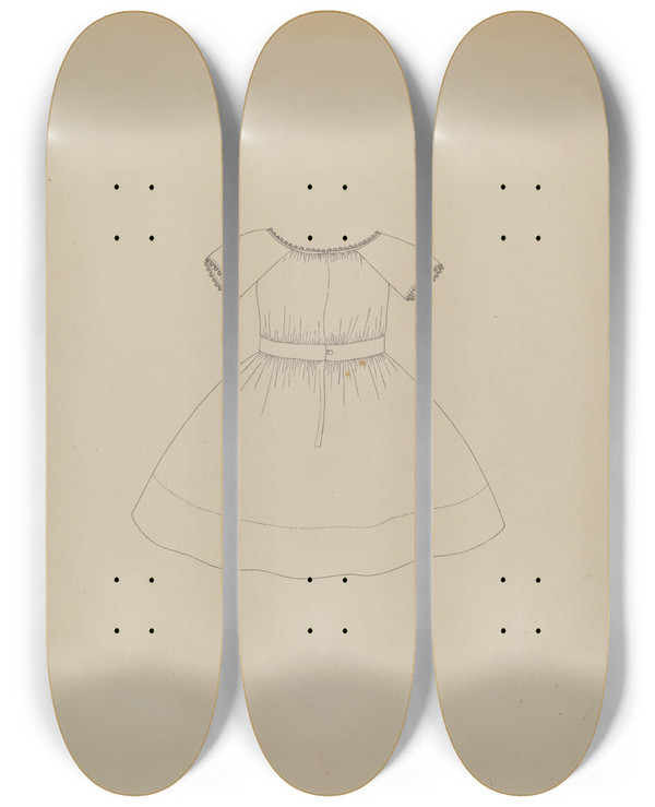 Triptych art skateboard deck of Mae A Clarke Boys Dress by Mae A Clarke