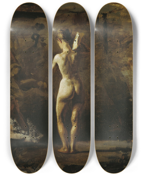 Triptych art skateboard deck of Thomas Eakins Study For William Rush Carving His Allegorical Figure Of The Schuylkill River by Thomas Eakins (1844-1916)