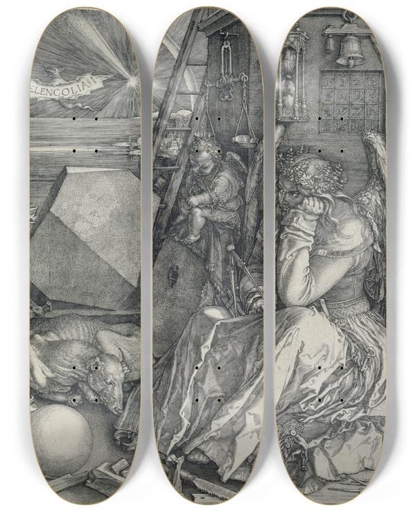 Triptych art skateboard deck of Albrecht Drer Melencolia I The Melancholy by Albrecht Durer (1471-1528)