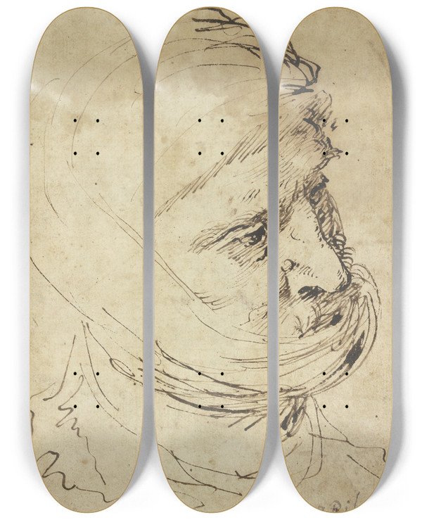 Triptych art skateboard deck of Jusepe De Ribera Head Of A Man With Cloth Headdress by Jusepe de Ribera (1591-1652)