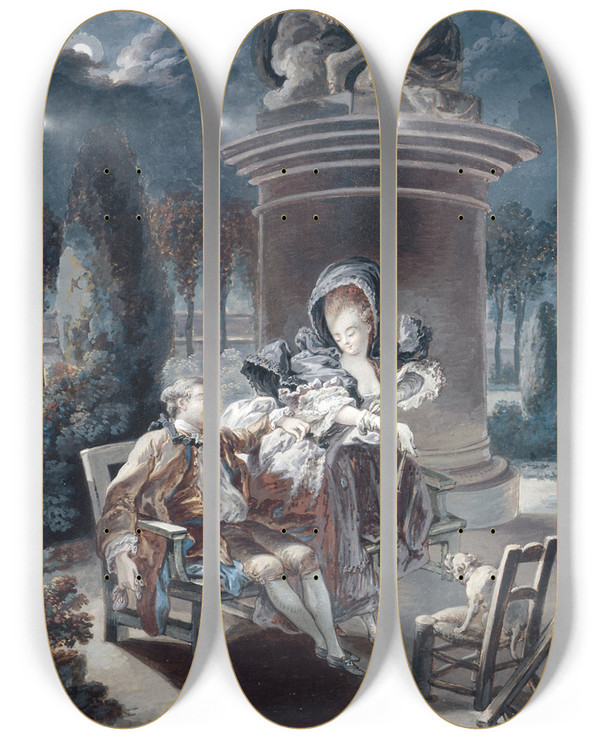 Triptych art skateboard deck of Pierreantoine Baudouin La Soire Des Tuileries by Pierre-Antoine Baudouin (1723-1769)