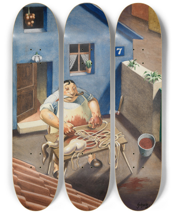 Triptych art skateboard deck of Georg Scholz Der Metzger by Georg Scholz (1890-1945)