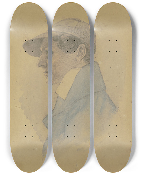 Triptych art skateboard deck of Jakob Becker Male Head To The Left by Jakob Becker (1810-1872)