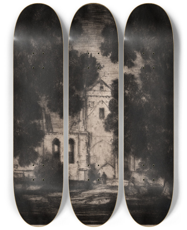 Triptych art skateboard deck of David Young Cameron Pluscarden by David Young Cameron (1865-1945)