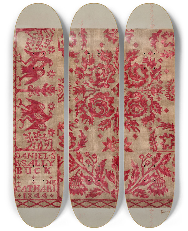 Triptych art skateboard deck of Cornelius Christoffels Handwoven Coverlet_2 by Cornelius Christoffels (1879-1960)