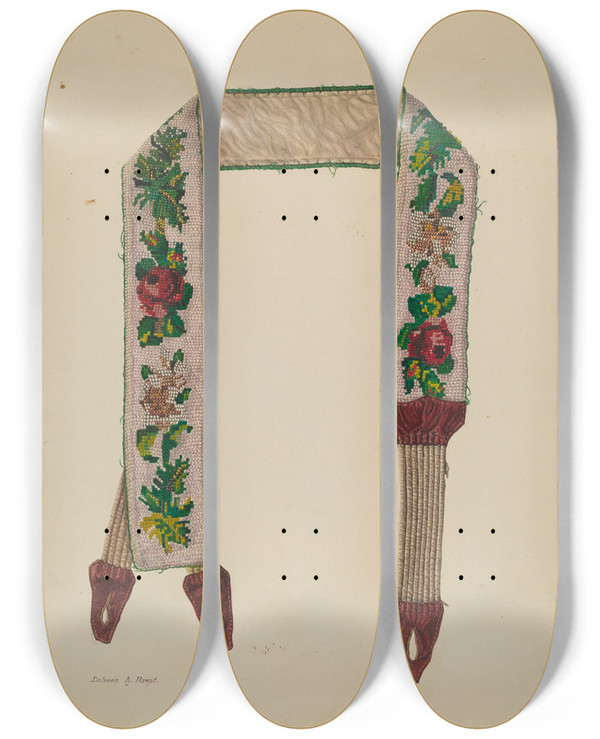 Triptych art skateboard deck of Dolores Haupt Suspender by Dolores Haupt