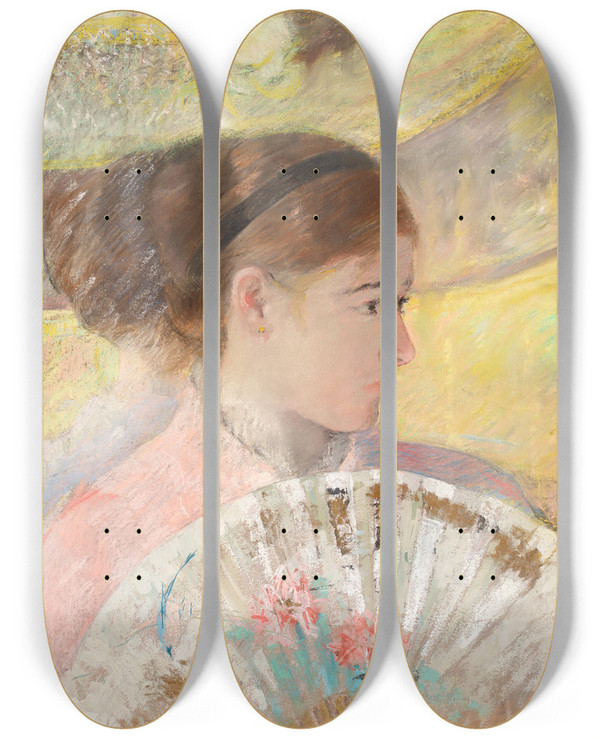 Triptych art skateboard deck of Mary Cassatt Young Lady In A Loge Gazing To Right by Mary Cassatt (1844-1926)