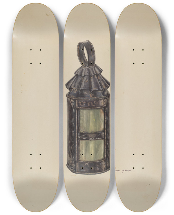 Triptych art skateboard deck of Dolores Haupt Horn Lantern by Dolores Haupt