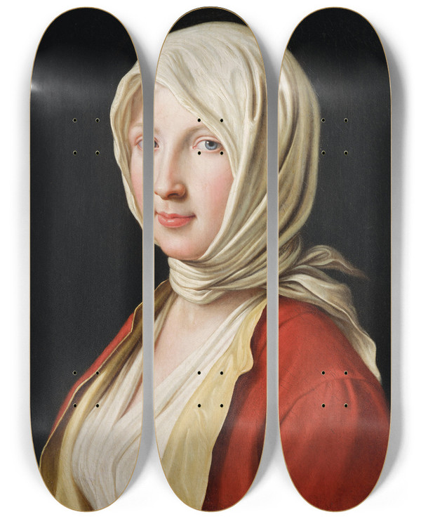 Triptych art skateboard deck of Pietro Rotari Portrait Of A Girl In A White Headscarf by Pietro Rotari (1707-1762)