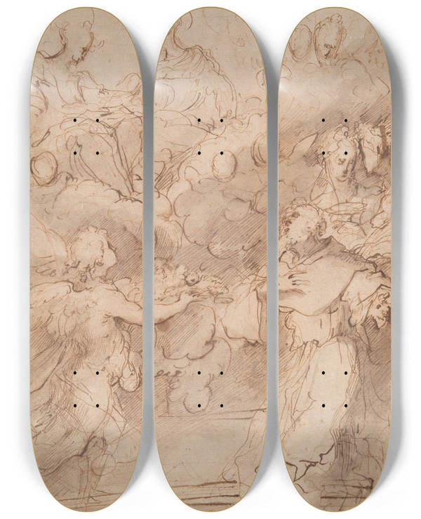 Triptych art skateboard deck of Valerio Castello The Perdono Of Stfrancis by Valerio Castello (1624-1659)
