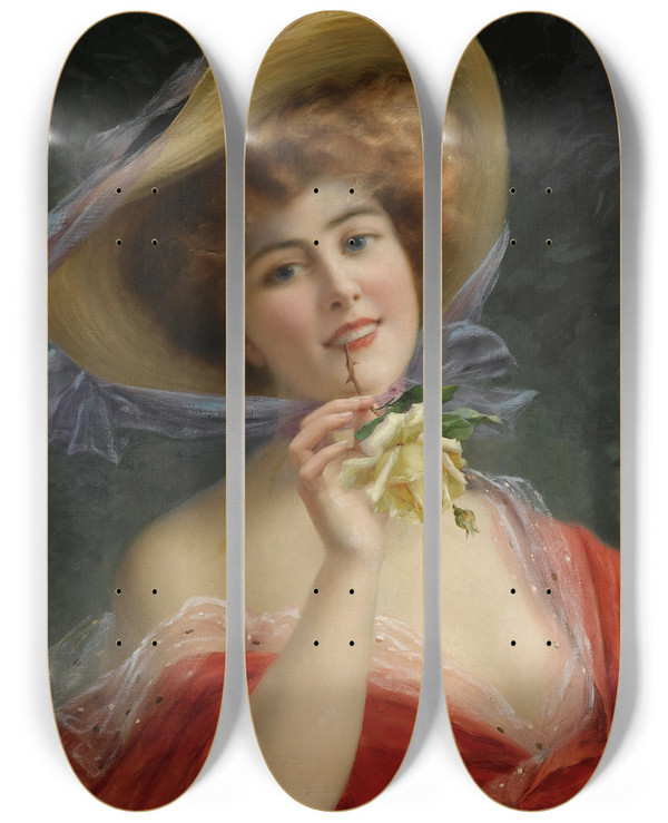 Triptych art skateboard deck of Emile Vernon Fille A La Rose Jaune by Emile Vernon (1872-1920)