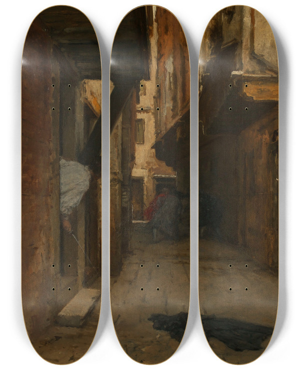 Triptych art skateboard deck of August Von Pettenkofen Straenkampf by August Von Pettenkofen (1822-1889)