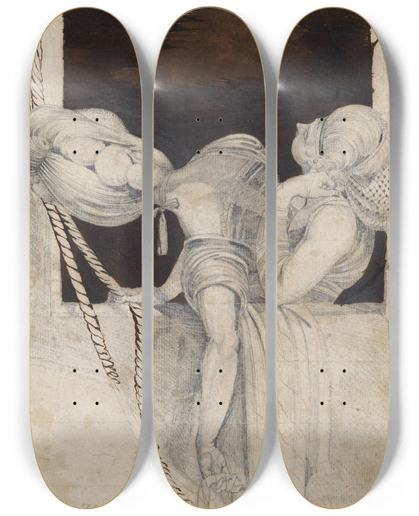 Triptych art skateboard deck of Henry Fuseli Two Girls At A Cabin Window by Henry Fuseli (1741-1825)