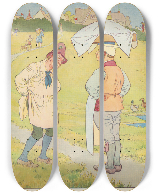 Triptych art skateboard deck of Leonard Leslie Brooke Simple Simon Met A Pieman by Leonard Leslie Brooke (1862-1940)