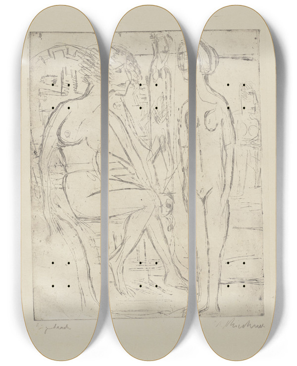 Triptych art skateboard deck of Ernst Ludwig Kirchner Zwei Nackte Mdchen by Ernst Ludwig Kirchner (1880-1938)
