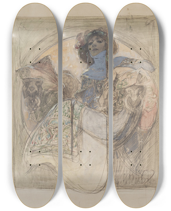 Triptych art skateboard deck of Alphonse Mucha Sedc Ena Studie K Plaktu by Alphonse Mucha (1860-1939)