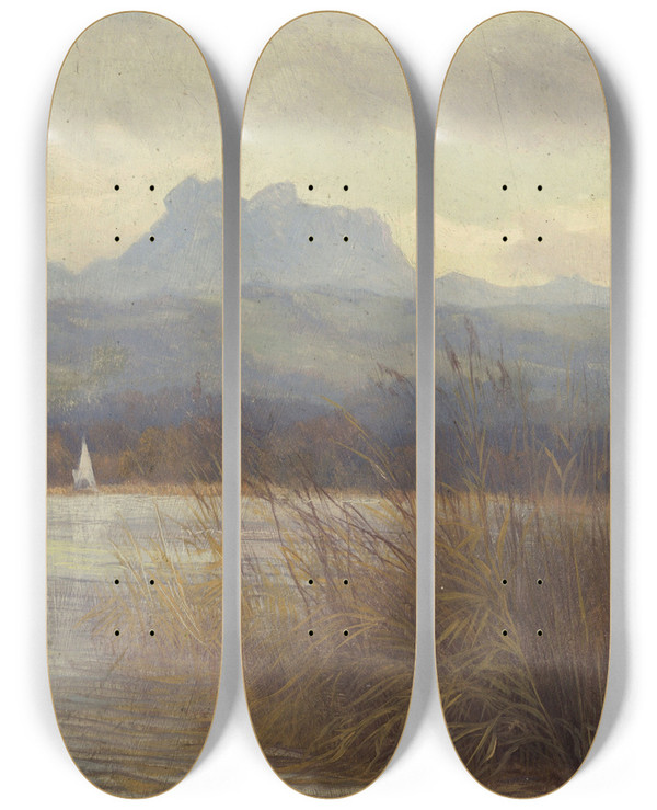 Triptych art skateboard deck of Michael Licklederer Simsee Mit Heuberg by Michael Licklederer (1863-1948)
