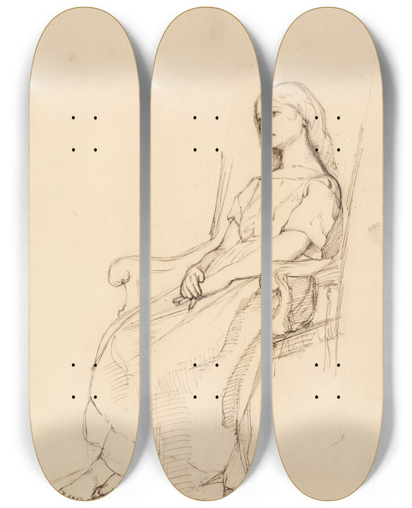 Triptych art skateboard deck of Daniel Maclise Study Of A Young Girl Seated by Daniel Maclise (1806-1870)